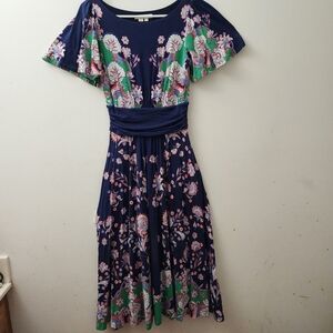 Boden Navy Floral & Paisley Midi/Maxi Dress Flutter Sleeve Ruched Banded Waist 2